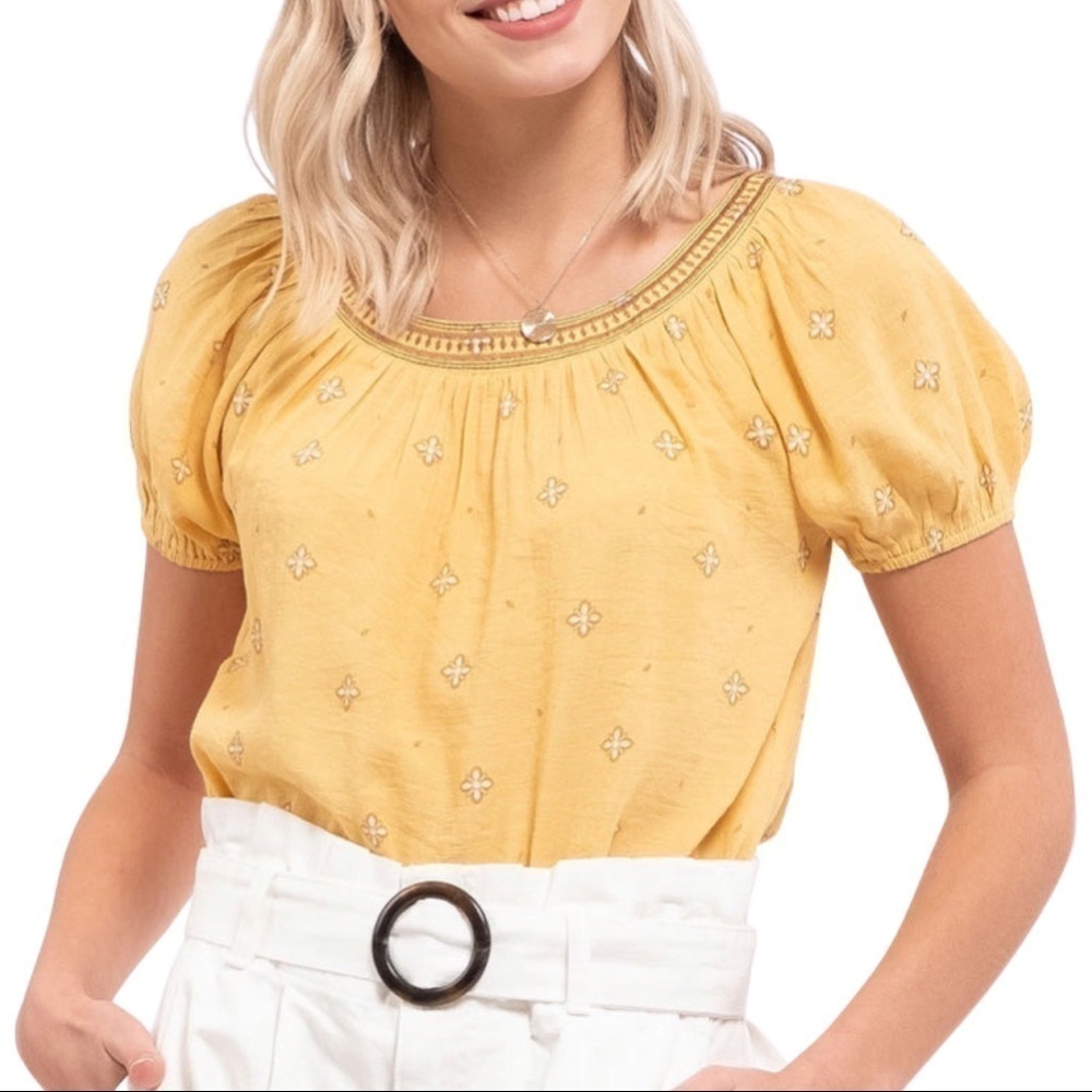 Bohemian Peasant Embroidered Puff Sleeve Yellow Top Blouse